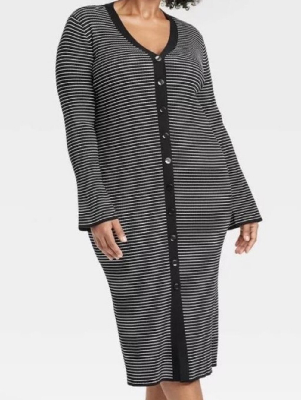 Black And White Striped Ribbed Button Up Dress